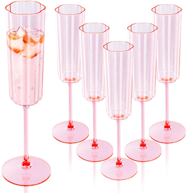 Ciaell 24 Pack Pink Plastic Champagne Flutes 6 Oz Flower Wavy Champagne Glasses Heavy Duty Vintage Disposable Glassware for Party Anniversary Wedding